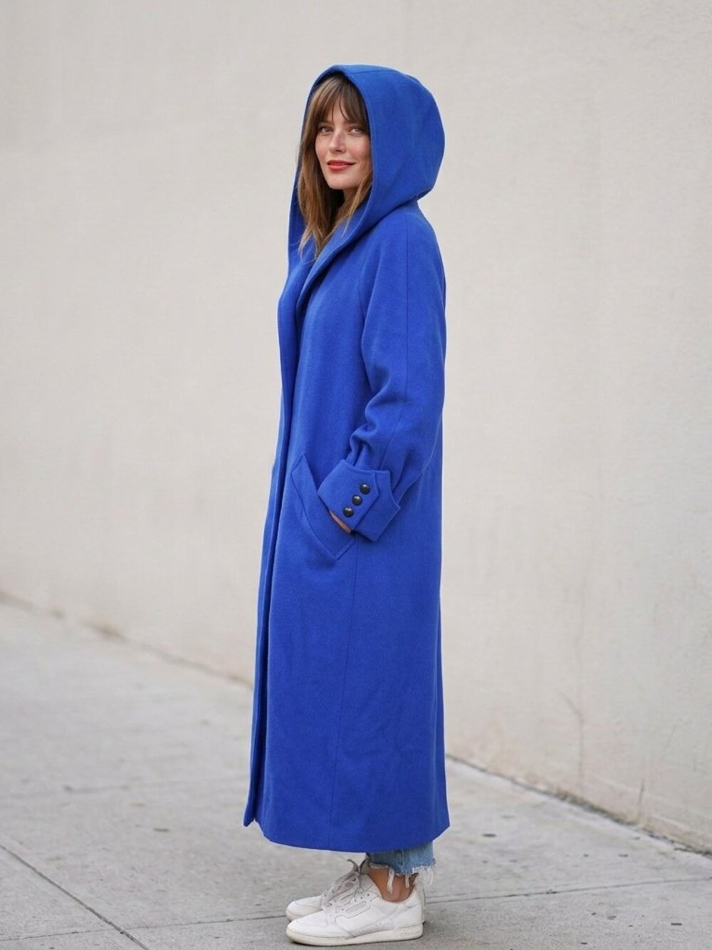 Blue Coat Vintage Long Hooded Wool Trench Peacoat Dress Jacket Size L